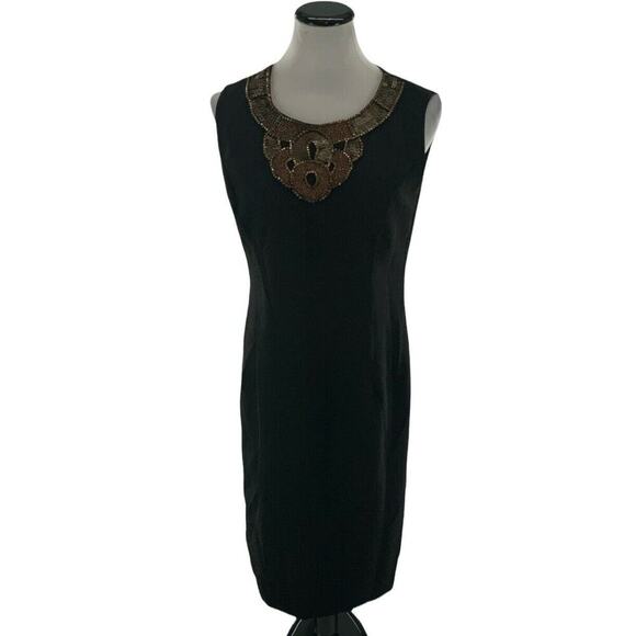 Ellen Tracy Dress Womens 8 Shift Black Sleeveless Back Zip Embellished Neckline - Picture 1 of 8